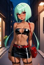 1girls ai_generated bandeau emerald_sustrai implied_prostitution latex latex_bandeau latex_clothing looking_at_viewer midriff night prostitution rwby shiny_hair shiny_skin skirt solo solo_female tagme