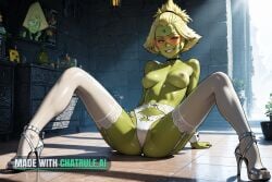 1girl 3d_render 4k ai_assisted ai_generated bare_shoulders blonde_hair bodysuit choker cute_face forehead_jewel full_body_view ganassa garter_belt green_eyes green_skin hair_bangs highres lunafreya_nox_fleuret peridot_(steven_universe) photorealistic realistic steven_universe tied_hair tinted_eyewear topless white_cuffs