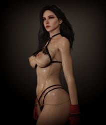 1girls 3d ass black_hair bra breasts cd_projekt_red female gloves light-skinned_female light_skin lingerie looking_at_viewer mascara nipples purple_eyes soboro solo solo_female the_witcher_(series) the_witcher_3:_wild_hunt thong wet_body yennefer