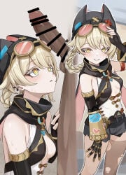 1boy 1girl bar_censor bare_shoulders black_gloves black_shorts blonde_hair blush braid breasts clothing dark-skinned_male dark_skin erection eyewear eyewear_on_head female fingerless_gloves genshin_impact gloves goggles goggles_on_head grin hair_rings hat hetero jahoda_(genshin_impact) large_penis long_hair looking_at_penis male multiple_views parted_lips penis penis_awe se34tai short_shorts shorts single_thighhigh small_breasts smile solo_focus sweat testicles thighhighs torn_clothes torn_thighhighs yellow_eyes
