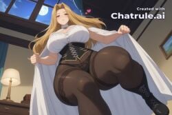 1girl ai_assisted ai_generated bedroom black_heels black_lingerie black_thighhighs blonde_hair blush boots corset curvaceous_body curvaceous_hips curvaceous_thighs curvy detailed_face floating_hearts frieren from_below half_closed_eyes heart_shaped_pupils heart_symbol high_quality hourglass_body huge_breasts huge_hips huge_thighs lace_panties lace_thighhighs large_breasts large_thighs long_hair looking_at_viewer massive_thighs nature night pantyhose parted_lips perfect_body pov purple_eyes running seductive_eyes shiny_skin shorts sleeveless solo thick_hips thick_legs thick_thighs thighs thighs_bigger_than_head voluptuous white_cape white_shirt wide_hips window