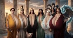 ai_generated athena_(greek_mythology) big_breasts black_hair brunette brunette_hair calypso_(mythology) charybdis circe_(mythology) female female_focus female_only greek_mythology hanging_breasts harem helm helmet hyper_breasts long_hair lyre milf nausicaa_(odyssey) odyssey odyssey_(homer) penelope_(mythology) pig red_hair scylla scylla_(mythology) spear the_epic_cycle the_sirens_(odyssey) toga veil voluptuous voluptuous_female wings