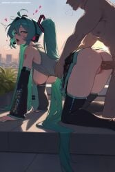 1boy 1girl ahoge ai_generated all_fours aqua_nails ass black_legwear blush boots breasts detached_sleeves hatsune_miku headphones headset heart heart-shaped_pupils hetero hi_res high_quality high_resolution large_breasts long_hair nail_polish nipples open_mouth open_shirt patreon penis seductive sex sex_from_behind sexy shirt skirt standing symbol-shaped_pupils testicles thigh_boots thighhighs twintails uncensored vaginal very_long_hair vocaloid watermark