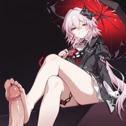1girls ai ai_art ai_generated dressed evernight_(honkai:_star_rail) foot_on_penis footjob from_below honkai:_star_rail pink_hair red_eyes smirk smirking_at_viewer thick_thighs umbrella visible_penis