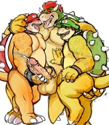 3boys absurd_res after_transformation anthro ass balls bodily_fluids bowser brother brothers clothing collar corruption cum enemy_conversion facial_hair fingering fingerless_gloves french_kissing gay genital_fluids handjob handwear hat headgear headwear hi_res humanoid_penis hyenaface incest kissing koopa leather luigi male male_only mario mario_(series) moustache multiple_boys musclegut muscular muscular_male nintendo pecs penile penis post-transformation reptile saliva scalie sex shell sibling simple_background size_difference spiked_collar spiked_shell spikes standing tattoo testicles tongue transformation video_games white_background yaoi
