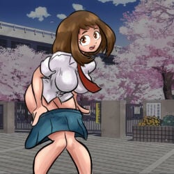2020 cyanderthal digital_media_(artwork) exhibitionism my_hero_academia no_panties ochako_uraraka outdoors public pulling_down_skirt school school_uniform stripping teenager undressing