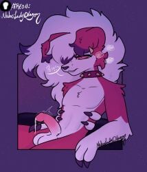 anthro balls bodily_fluids canid canine canis collar dripping fan_character generation_7_pokemon genital_fluids genitals hi_res lycanroc male mammal midnight_lycanroc naholadydragon nintendo penis pokemon pokemon_(species) precum precum_drip solo wolf