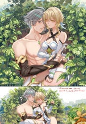 1boy 1girls alhaitham_(genshin_impact) blonde_female blonde_hair blush bushes english_text female genshin_impact grey_hair hand_under_panties hoyoverse interrupted lifting_skirt lumine_(genshin_impact) male/female muscular muscular_male on_lap outdoor_nudity outdoors shirtless shirtless_male size_difference sleeves_only straight surprised surprised_expression undressing