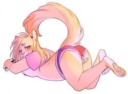 2017 alice_(jush) amber_eyes anthro ass blonde_hair breasts clothed clothing delsin_(jush) ear_piercing earbuds feline female fur hair half-closed_eyes headphones jush long_hair lying mammal masturbation nipple_piercing nipples on_front one_eye_closed partially_clothed pawpads paws piercing simple_background slightly_chubby smile solo vaginal_masturbation vaginal_penetration white_background yellow_fur