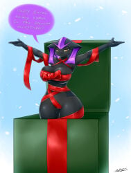 2015 armor averyshadydolphin big_breasts black_body breasts camel_toe christmas dialogue female genital_outline hi_res holidays humanoid looking_at_viewer markings present_box purple_markings quan_(averyshadydolphin) raised_arms signature solo speech_bubble thick_thighs unavailable_at_source vulva_outline wide_hips wraps yellow_eyes