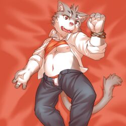 bracelet briefs bulge catmuti clothed clothing clothing_lift cute_fangs feline jeans jewelry lying male male_only mammal navel nipples on_back open_clothes open_mouth open_shirt pants pink_nose red_eyes shirt shirt_lift solo underwear whiskers