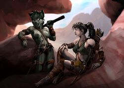 anthro arrow athletic axe bandage breasts clothed clothing female human hyena laugh leather loincloth mammal marsonaut melee_weapon muscular nipples nude polearm ponytail scabbard smile spear sword tied_hair warrior weapon
