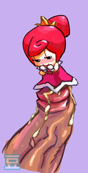 1boy blush crown cum cum_on_penis disembodied disembodied_penis dou_(soot) female mario_(series) nintendo penis purple_background red_hair simple_background smile sprixie_princess super_mario_3d_world