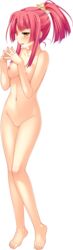 absurdres barefoot blush breasts chinese_girl female fingers_together full_body high_ponytail highres koihime†_(series) koihime_musou kousonsan_hakukei long_hair navel nipples no_pussy nude open_mouth pink_hair saeki_hokuto small_breasts solo transparent_background yellow_eyes