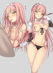 akishima_kei areolae bangs black_panties blunt_bangs blush breast_squeeze breastless_clothes breasts censored collage detached_sleeves fate/grand_order fate_(series) female frilled_sleeves frills gloves green_eyes hairband long_hair looking_at_viewer medb_(fate) medium_breasts mosaic_censoring nipples paizuri panties pink_hair puffy_nipples saliva saliva_trail skindentation smile straight thigh_gap tongue tongue_out underwear white_gloves