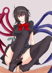 1boy arm_support asymmetrical_wings bangs bar_censor black_dress black_hair black_legwear black_panties bow bowtie breasts buttons censored crazy_eyes dress female footjob footjob_with_legwear grin hair_between_eyes highres large_breasts long_hair looking_at_viewer nue_houjuu panties pantyshot pantyshot_(sitting) piro_(iiiiiiiiii) pov_crotch red_bow red_bowtie red_eyes short_dress sitting smile snake solo_focus thighhighs touhou underwear wings