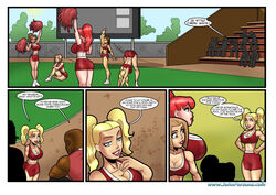 4_panel_comic 5girls 7boys asian asian_female bimbo blonde_hair blue_eyes breasts cheerleader cheerleader_uniform cheerleading_uniform clothing comic coxville_stories coxville_stories:_pool_party dark-skinned_male dark_skin female john_persons kitty_summers large_breasts lipstick male miko_larson multiple_boys multiple_females multiple_girls multiple_males page_1 pamela_(coxville) patty_(coxville) rabies-t-lagomorph red_hair samson_west susan_dupree teen_boy teenage_girl teenager tied_hair twintails yellow-skinned_asian