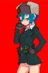 belt belt_pouch blue_hair bottomless closed_eyes closed_mouth clothing coat eyewear female fur_hat gloves handwear hat headgear human kino kino_no_tabi light_frown nannchatte no_panties oekaki outerwear pixel_art red_background short_hair simple_background solo sweatdrop tomboy topwear