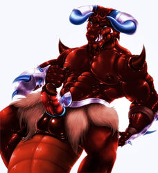 2017 3_fingers abs absurd_res armor balls biceps big_balls big_muscles big_pecs big_penis big_tail blue_eyes bulph chaor chaotic demon hi_res horn humanoid invalid_tag male male_only muscular nipples pecs penis red_body simple_background sitting solo spikes