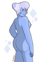 ass blue_eyes blue_skin breasts cartoon_network cartoonsaur female gem_(species) holly_blue_agate looking_at_viewer looking_back nipples short_hair simple_background steven_universe twintails white_hair