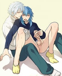 2boys ass ass_juice blue_hair bottomless clear_(dramatical_murder) cum dramatical_murder erection hiki_yuichi male_only multiple_boys penis penis_grab seragaki_aoba silver_hair sitting socks testicles yaoi