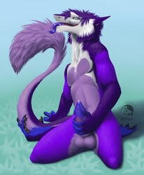 anthro balls erection kneeling looking_at_viewer male male_only masturbation precum sergal smile solo tongue tongue_out yojek163