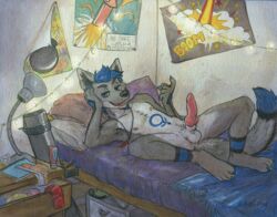 1boy anthro armpit_hair armpits bedroom canine condom detailed_background erection explosives furry garland grenade knot lube male male_only mammal penis poster ranged_weapon ray-bleiz rocket_launcher sicklyhypnos solo student traditonal weapon wolf young