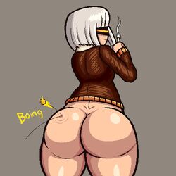 1girls ass big_ass bottomless cigarette coin female female_only large_ass original rev_(valmar) smoking solo_female thick_thighs valmar visor white_hair wide_hips