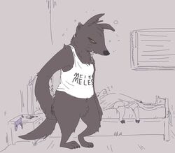 anthro bed betty_(weaver) black_fur bottomless canine caprine clothed clothing disney drooling duo fan_character female flat_chest fur male mammal nobody_(artist) nude pack_street panties paws predator/prey pussy remmy_cormo saliva sheep shirt size_difference sleeping tank_top underwear wolf zootopia