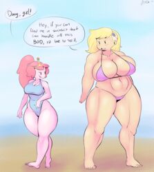 adventure_time angstrom big_breasts bikini black_eyes blonde_hair breasts cartoon_network cleavage crown curvy dialog feet female female_only huge_breasts large_breasts multiple_girls one-piece_swimsuit one_piece_swimsuit pink_body pink_hair pink_skin princess_bubblegum susan_strong swimsuit thick_thighs thighs wide_hips