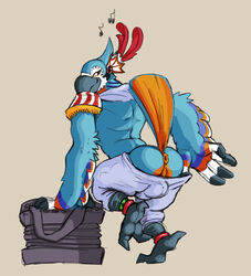 1boy accordion anthro anus ass avian barefoot beak bird breath_of_the_wild bulge claws clothing daftpatriot feathers instrument kass_(zelda) looking_back macaw male male_only musical_instrument nintendo pants parrot presenting presenting_anus presenting_hindquarters rito smile solo standing the_legend_of_zelda toe_claws undressing video_games