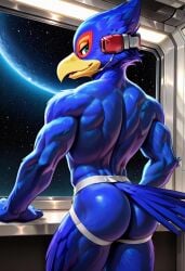 ai_generated anthro anthro_male ass avian back biceps bird blue_fur blush falco_lombardi furry gay green_eyes jockstrap jockstrap_only looking_at_viewer looking_back male male_only muscular muscular_male nude_male smile star_fox toned_body toned_male twall97