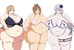 3girls atelier_ryza bbw cleavage fat_legs female female_only gigantic_breasts huge_belly huge_breasts human klaudia_valentz lila_decyrus overweight overweight_female quanle reisalin_stout underwear weight_gain