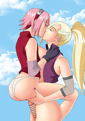 ass_grab blonde_hair closed_eyes clothing exposed_breasts female forehead_protector hand_on_ass ino_yamanaka kissing legs_up lifting_person making_out medium_breasts nail_polish naruto naruto_shippuden panties pink_hair sakura_haruno super_melons