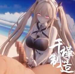 1boy 1girls 3d anchorage_(azur_lane) azur_lane beach blonde_hair blue_sky breasts cbt censored clothed_female_nude_male cock_and_ball_torture eagle_union_(azur_lane) femdom flicking flicking_balls huge_breasts light-skinned_female light-skinned_male light_skin malesub mosaic_censoring outdoors penis pink_eyes sajiko_(sankaensajiko) sand sky twintails