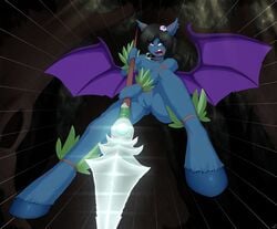 2017 anthro areola bat_pony bat_wings blue_eyes breasts equine fan_character female ipomoea_(oc) jewelry mammal melee_weapon membranous_wings my_little_pony necklace nipples nude polearm pussy replica_(artist) slit_pupils solo spear weapon wings