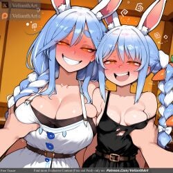 ai_generated don-chan_ hololive hololive_fantasy hololive_japan multiple_girls nose_blush official_alternate_costume one_breast_out open_mouth orange_eyes out_of_frame pekomama pov pov_hands rabbit_ears rabbit_girl rabbit_tail single_braid smile strap_slip tagme teeth twin_braids twintails two-tone_hair usada_pekora velianthart virtual_youtuber white_belt white_dress white_hair yellow_eyes