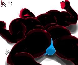 ass_focus back_view balls_in_panties bara beefy_demon_acc big_ass demon ethan_(beefy_demon_acc) gay male muscular muscular_back muscular_male on_the_ground underwear_only