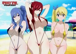 3girls beach big_breasts bikini blonde_female blonde_hair blonde_hair blue_bikini blue_hair blue_hair_female blue_ribbon breasts_out daylight erza_scarlet fairy_tail fairy_tail_100_years_quest hair_ornament hands_behind_head juvia_lockser looking_at_viewer lucy_heartfilia outdoors outside ponytail ponytails red_bikini red_hair red_hair_female renchi revealing_clothes revealing_swimsuit ribbon ribbons sling_bikini slingshot_swimsuit slutty_clothes white_ribbon yellow_bikini