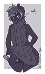 2017 anthro clothed clothing erection feline geeflakes girly humanoid_penis looking_at_viewer male mammal monochrome panther penis rook_(greyrook) simple_background solo sweater text