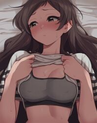 averting_eyes bed_sheet black_hair blush breasts cleavage clothes_lift covered_nipples female full-face_blush grey_sports_bra heero_(whvu2288) idolmaster idolmaster_million_live! kitazawa_shiho lifting_own_clothes long_hair lying on_back shadow shirt shirt_lift solo sports_bra striped_clothes striped_shirt sweatdrop upper_body