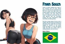 ai_generated ass ass_focus bike_shorts black_hair braces brazilian_female brazilian_flag breasts character_sheet crop_top glasses grey_eyes killjoyproject oc original original_character petite petite_female short_hair small_breasts