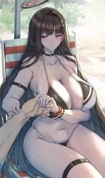 1boy absurdres arm_strap bikini black_bikini black_hair blue_archive bracelet breasts chair choker female halo highres holding_hands jewelry large_breasts long_hair millennium_science_school_student navel outdoors red_eyes rio_(blue_archive) seminar_(blue_archive) sensei_(blue_archive) sitting straight sunnysideup swimsuit thigh_strap very_long_hair