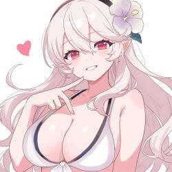 1girls bikini black_hairband blowing_kiss blush breasts cleavage corrin_(female)_(fire_emblem) corrin_(female)_(novice_vacationer)_(fire_emblem) corrin_(fire_emblem) corrin_(fire_emblem)_(female) female female_focus female_only fire_emblem fire_emblem_fates fire_emblem_heroes flower frilled_skirt front-tie_bikini grey_hair hair_between_eyes hair_flower hair_ornament hairband large_breasts long_hair looking_at_viewer midriff n_54 official_alternate_costume pointy_ears red_eyes smile solo swimsuit white_bikini white_hair