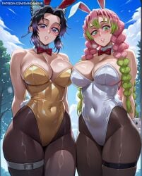 2girls ai_generated animal_ears bare_shoulders black_hair blush bow bowtie braid breasts butterfly_hair_ornament cleavage covered_navel dandanhub demon_slayer detached_collar fake_animal_ears gradient_hair green_eyes green_hair hair_ornament highleg_leotard kanroji_mitsuri kimetsu_no_yaiba kochou_shinobu large_breasts leotard long_hair looking_at_viewer mitsuri_kanroji mole mole_under_eye multicolored_hair multiple_girls outdoors pantyhose parted_lips pink_hair playboy_bunny purple_eyes purple_hair rabbit_ears rabbit_tail red_bow red_bowtie shinobu short_hair sky tail thick_thighs thigh_strap thighs twin_braids white_leotard wrist_cuffs