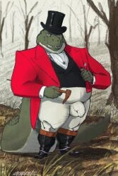 anthro balls belly big_tail boots breeches bulge cane classy clothing coat collared_shirt cravat crocodile crocodilian cuff_links cuffs_(clothing) detailed_bulge dirt double_chin dress_shirt footwear forest formal_wear genitals gentleman grass hat headgear headwear hi_res holding_cane looking_at_viewer male obese obese_anthro obese_male outside overweight overweight_anthro overweight_male papyreit penis plant pocket_square reptile road scalie sharp_teeth shirt shoes smile smiling_at_viewer solo spurs tail tailcoat teeth thick_tail top_hat topwear tree vest victorian winter