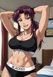 ai_generated arm_tattoo arms_up bed bedroom black_lagoon blacked blacked_clothing brown_eyes burgundy_hair cleavage female large_breasts long_hair looking_at_viewer panties posing revy solo sport_bra toned toned_female