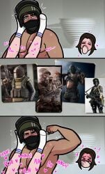 1boy 1boy1girl 1girls ambiguous_penetration ambiguous_position american_psycho artist_name artyom_(metro) battlefield_(series) battlefield_3 blush captainspades dan_(captainspades) dp-28 heart heart_symbol helmet helmet_only helmet_with_visor killa_(escape_from_tarkov) maggie_(captainspades) meme_reference metro_(series) missionary_(legs_up) missionary_position moaning moaning_in_pleasure motion_lines muscular_male offscreen_character offscreen_female pkm plap plap_(sound) poster poster_(object) project_wingman real_background rgf_support_(battlefield_3) rpk-16 socks socks_on sweating tachanka_(rainbow_six)