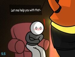 ass big_ass big_butt blush blush_lines dialogue dialogue_box epic_games fortnite fortnite:_battle_royale male male/male male_only sci-salandre simple_background sunspot_(fortnite) sweat sweatdrop sweating sweaty sweaty_body sweaty_butt text