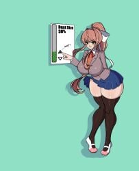 1girls 2023 attribute_slider bent_over big_breasts blazer blue_skirt breast_expansion breast_slider brown_hair color doki_doki_literature_club female female_only green_eyes hi_res high_resolution highres human human_only looking_at_viewer monika_(doki_doki_literature_club) pleated_skirt ponytail sequence simple_background slider smile smiling smiling_at_viewer solo solo_female thick_thighs thighhighs white_bow wide_hips